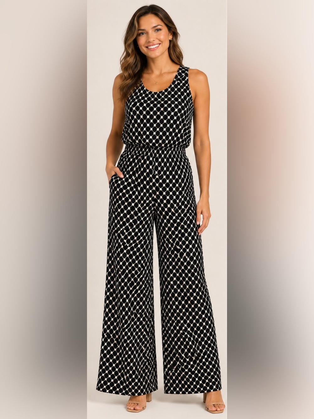 Gilli Black Ivory Chic Geometric Wide Leg Jumpsuit Crisscrossed Back | L